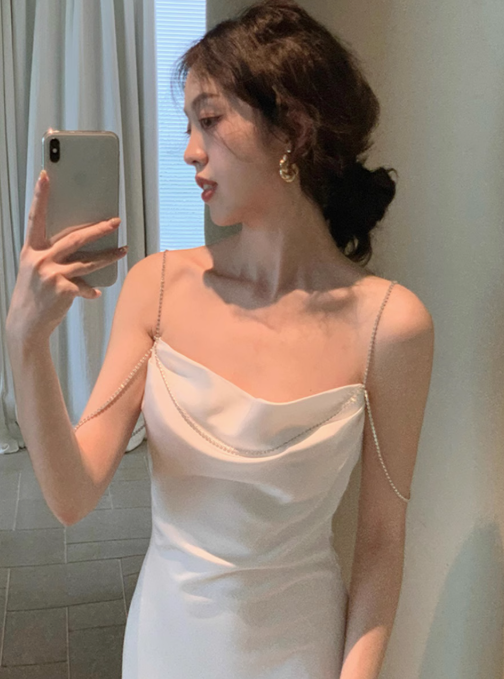 French silky satin sling dress sexy backless slit holiday beach dress R1521