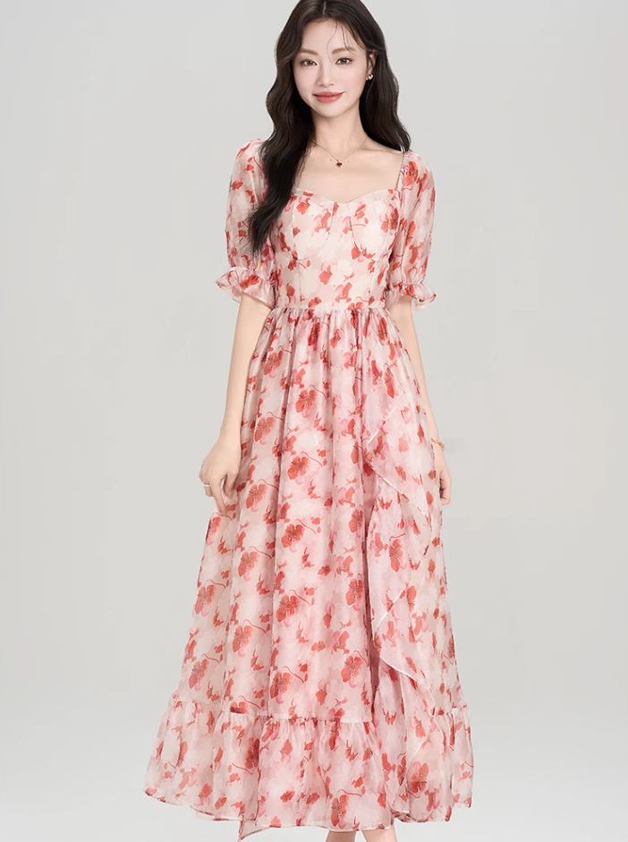 French red floral puff sleeve square neck dress holiday style waist big swing skirt R2403