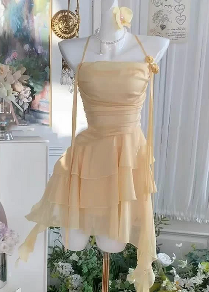 Flowy Pastel Yellow Ruffled Homecoming Dress A-Line Halter Corset Mini Summer Dress RS731