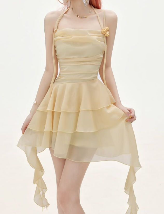 Flowy Pastel Yellow Ruffled Homecoming Dress A-Line Halter Corset Mini Summer Dress RS731