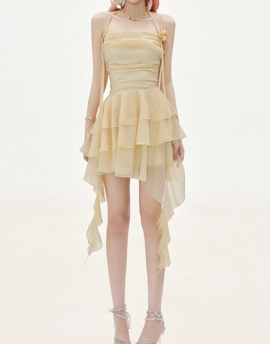 Flowy Pastel Yellow Ruffled Homecoming Dress A-Line Halter Corset Mini Summer Dress RS731