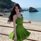 French green halter neck short skirt dopamine holiday style slim waist a-line dress R1631