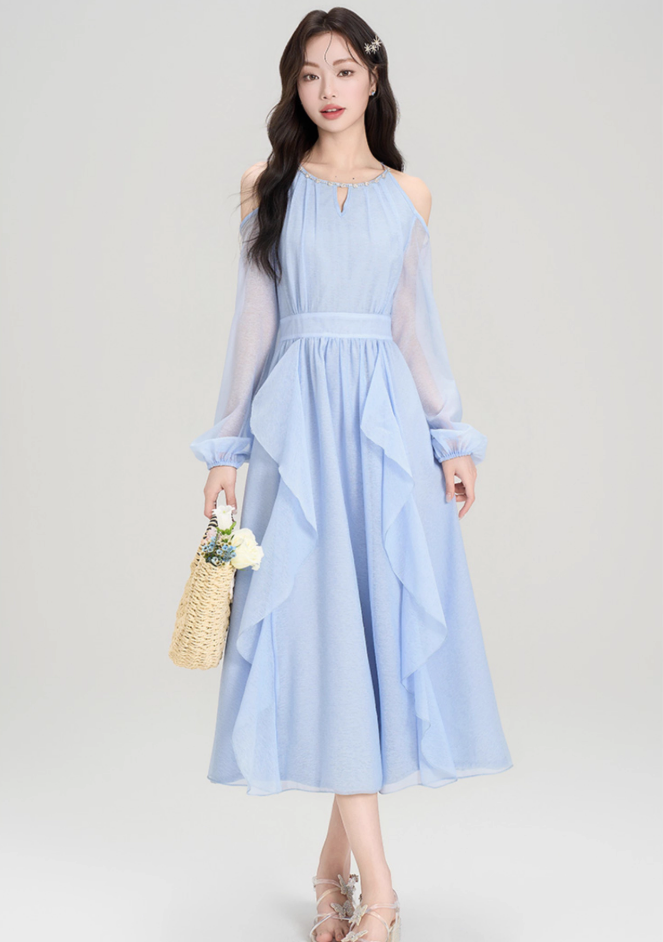 French style beautiful holiday long dress summer new ruffled halter neck off-shoulder dress R2364