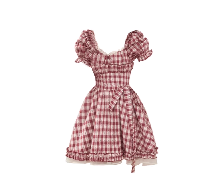 French girlish square collar plaid dress retro design waist slimming princess puffy skirt R0012