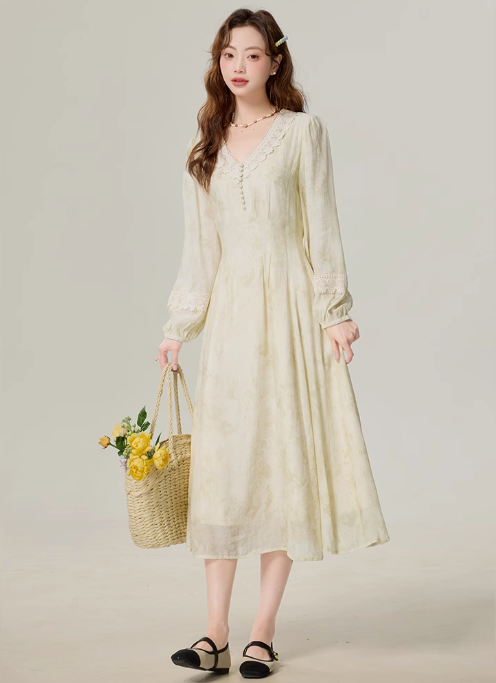 Spring French gentle style floral dress temperament super fairy slim dress R1909