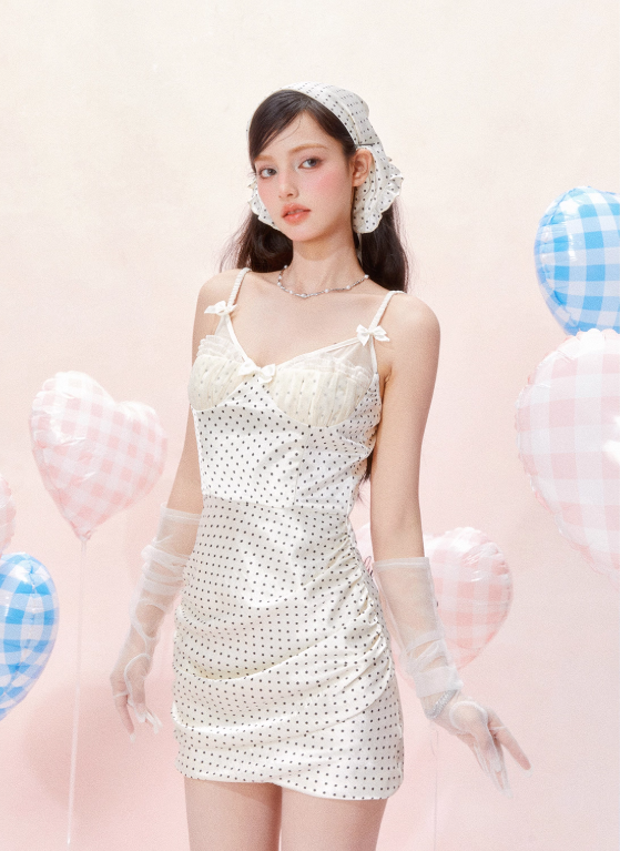 Ruffle hem hollow pleated waist retro polka dot suspender dress R5252