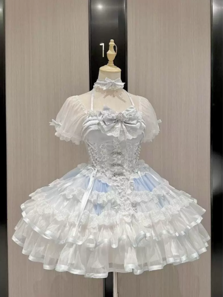 Gorgeous Pale Blue Beaded Homecoming Dress A-Line Halter Embroidery Corset Mini Birthday Dress RS734