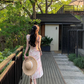Beautiful dress temperament square neck pink printed long skirt summer new style R4414