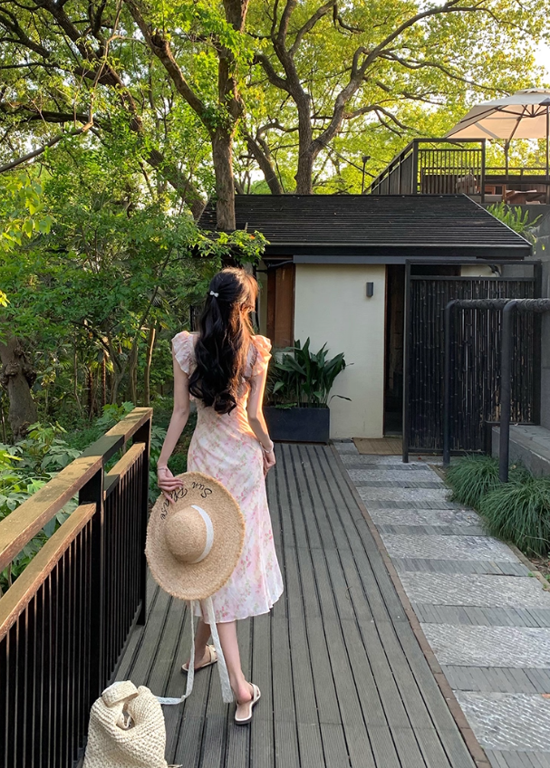 Beautiful dress temperament square neck pink printed long skirt summer new style R4414