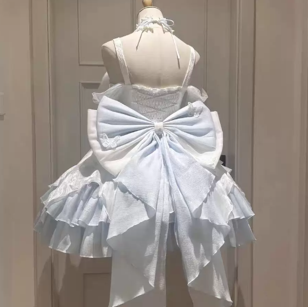 Cute Pale Blue Beading Homecoming Dress A-Line Spaghetti Straps Large Bow Back Accessory Corset Mini Birthday Dress RS735
