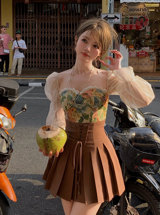 Short square collar shirt high waist A-line skirt suit French two-piece suit R4990