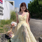 Yellow long v-neck waist hollow rose suspender dress summer French retro skirt R4872