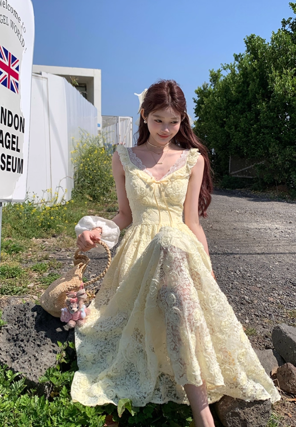 Yellow long v-neck waist hollow rose suspender dress summer French retro skirt R4872