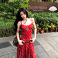 Temperament wear holiday skirt red plaid big swing tall long skirt suspender dress R1742