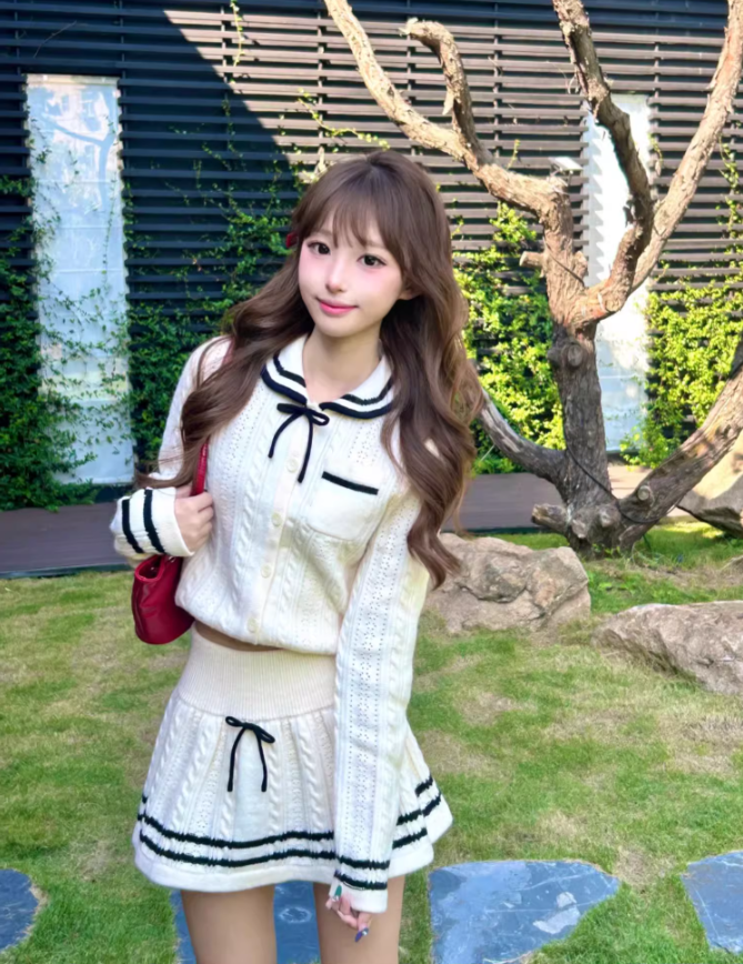 College style doll collar long-sleeved knitted cardigan 2025 contrast color A-line skirt suit R1292