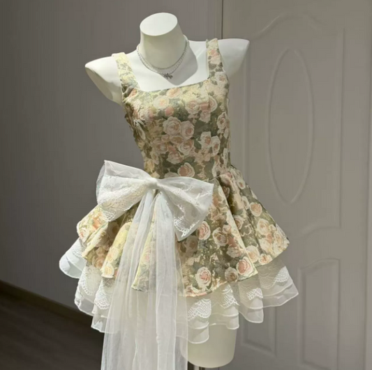 Elegant Bud Green Floral Homecoming Dress A-Line Square Bow-knot Corset Mini Prom Dress RS737