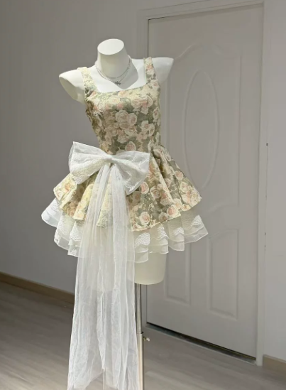 Elegant Bud Green Floral Homecoming Dress A-Line Square Bow-knot Corset Mini Prom Dress RS737
