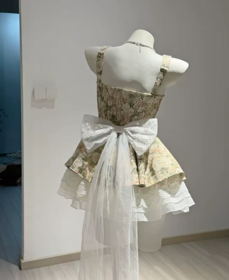 Elegant Bud Green Floral Homecoming Dress A-Line Square Bow-knot Corset Mini Prom Dress RS737