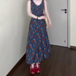 Retro V-neck floral suspender dress high-end waist temperament long skirt R0772