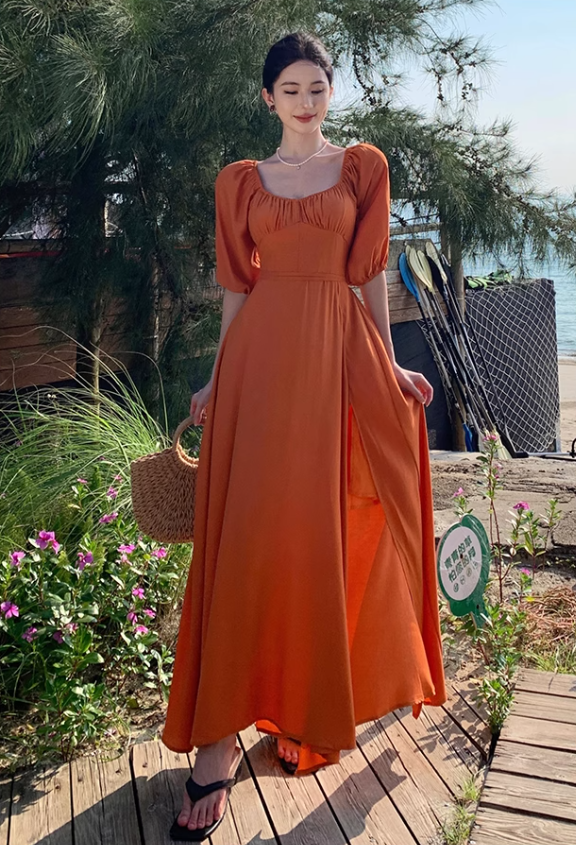 Gentle Temperament Square Neck Puff Sleeve Dress Backless Slit Long Dress R0599