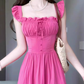 French square neck rose red tie waist dress beautiful gentle style backless long skirt R0462
