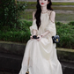 Retro French off-the-shoulder dress, seaside holiday style, cool temperament, unique and chic dress R0419