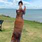 Beach dress with slim waist and elegant long sleeves, holiday style tie-dye dress R1606