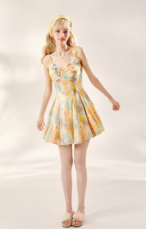 Seaside Vacation Dopamine Short Skirt Oil Painting Printed Suspender Dress R5214