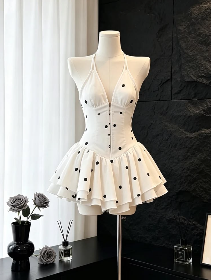 Polka Dots Frilled Women's Homecoming Dress Ivory Corset Short Prom Dress Party Dress RS2753