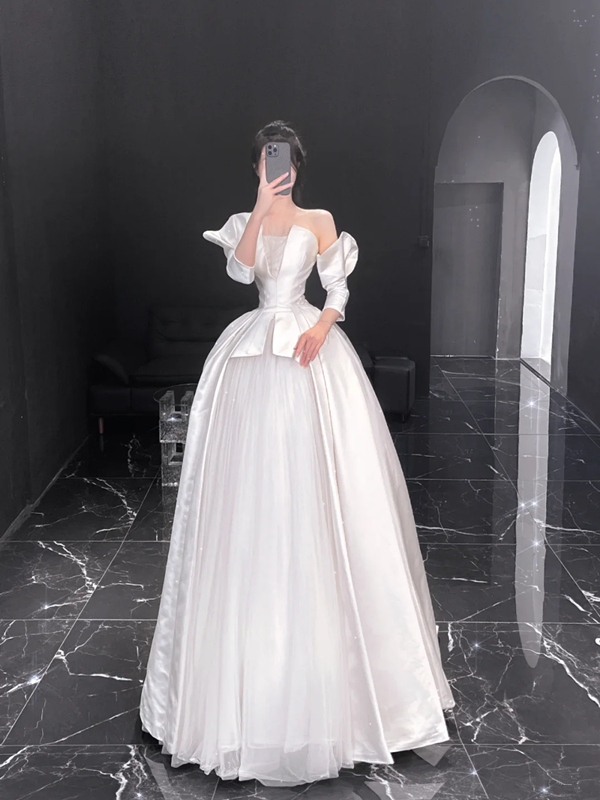 White satin one-shoulder slim waist tulle skirt bridal dress R6024