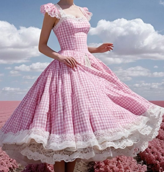 Girlish Plaid Lace Trim Prom Gown Pink Women's Corset Maxi Evening Dress Birthday Dress RS2903