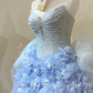 Light blue tube top with diamonds sexy waist slimming puffy skirt short skirt homecoming dress R4167