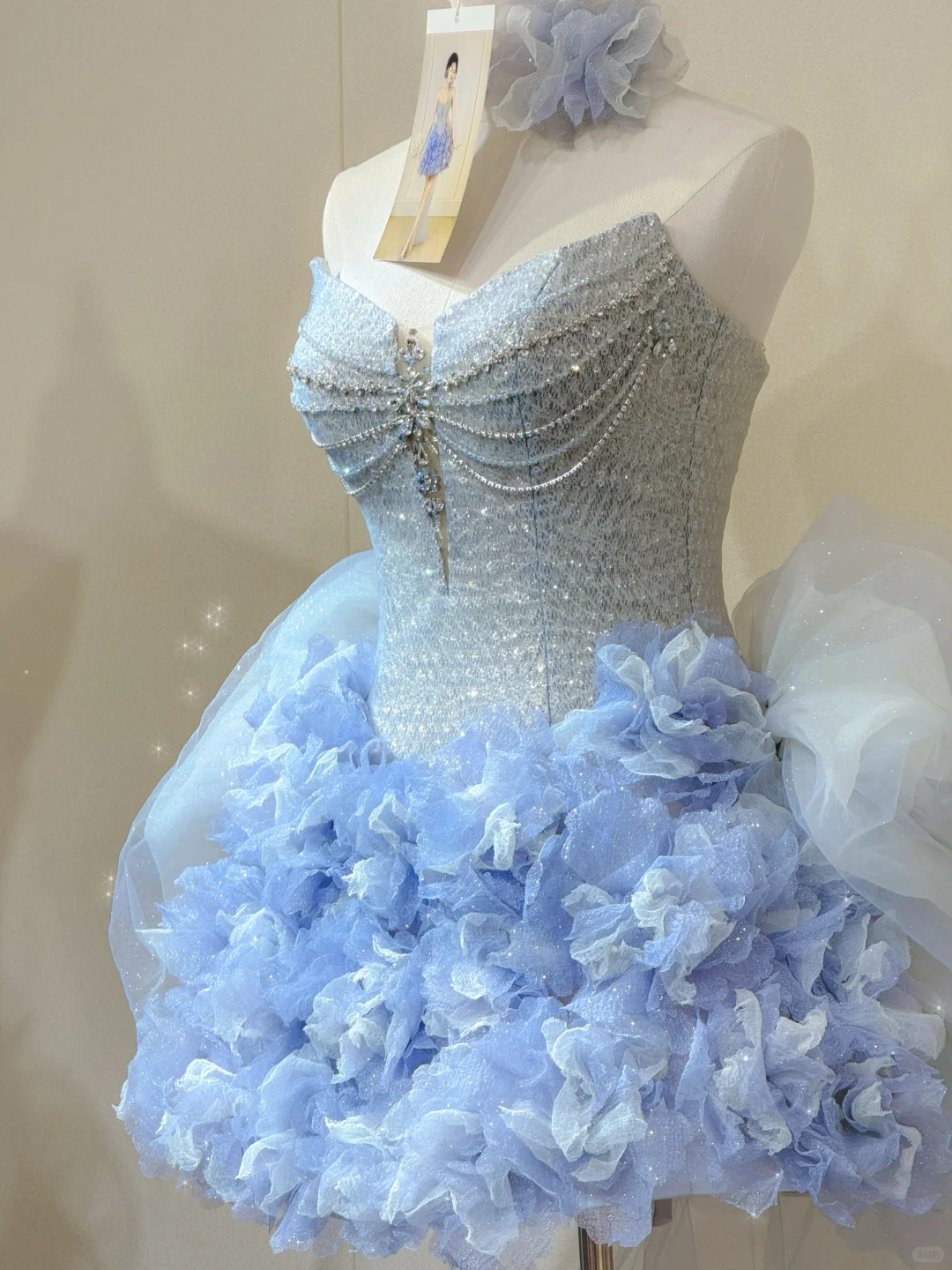 Light blue tube top with diamonds sexy waist slimming puffy skirt short skirt homecoming dress R4167