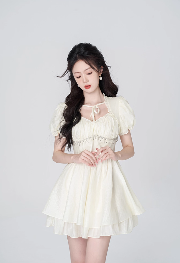 Gentle style cream yellow dress women's summer new style skirt high-end puffy short skirt R4456