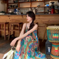 Fairy ethnic style holiday travel wear floral suspender long skirt loose oil painting dress R1750