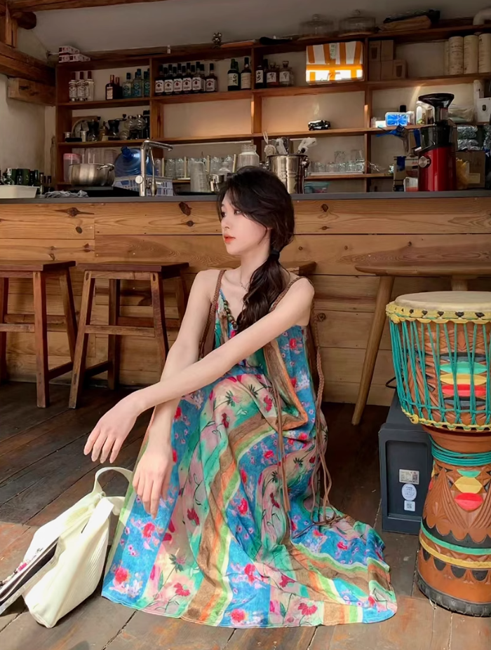 Fairy ethnic style holiday travel wear floral suspender long skirt loose oil painting dress R1750