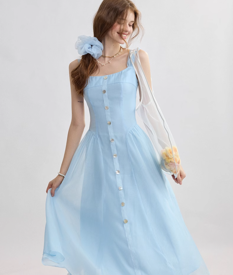 French suspender skirt blue dress sweet style long skirt R2693