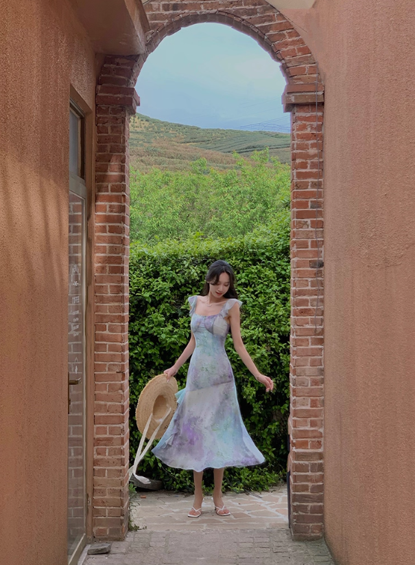 Beautiful oil painting style fishtail long skirt summer French retro gradient irregular suspender dress R4340