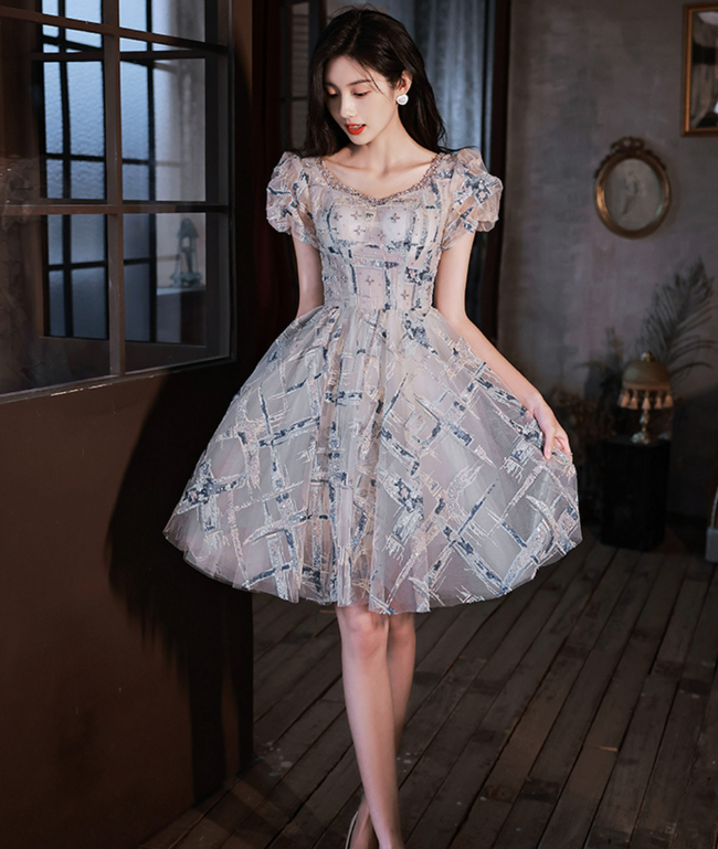 Niche Striped Homecoming Dress , Transparent Tulle Glitter Corset Short Prom Dress RS1703