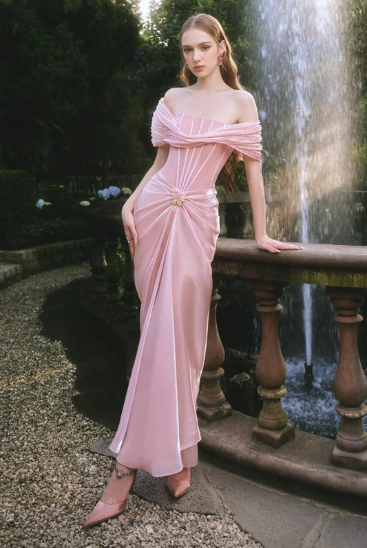 Girlish Satin Slim Prom Gown Pink Women's Corset Maxi Evening Dress Birthday Dress RS2911