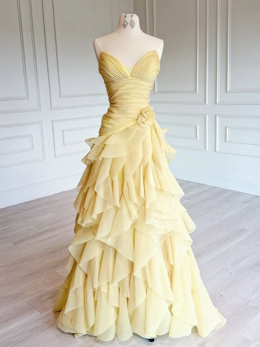 Flowy Pleated Prom Gown Pastal Yellow Women's Corset Maxi Evening Dress Ball Gown RS2836