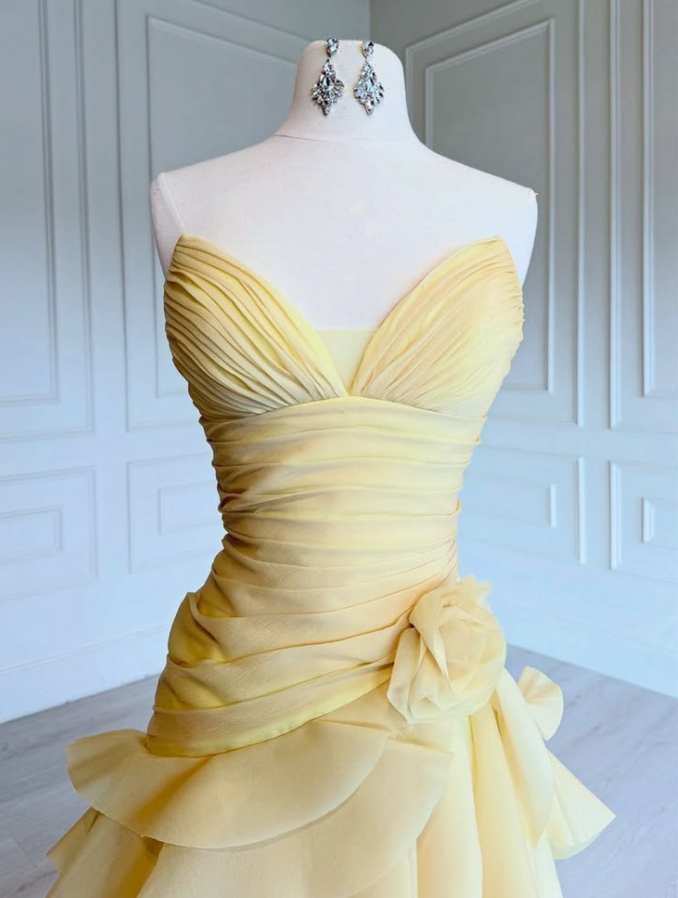 Flowy Pleated Prom Gown Pastal Yellow Women's Corset Maxi Evening Dress Ball Gown RS2836
