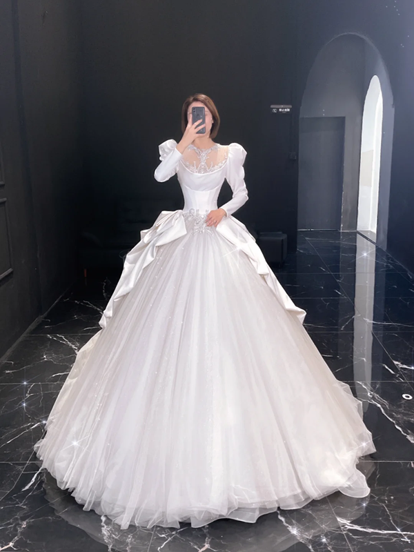 White satin classic elegant waist slim fit puffy skirt tulle bridal dress R6025