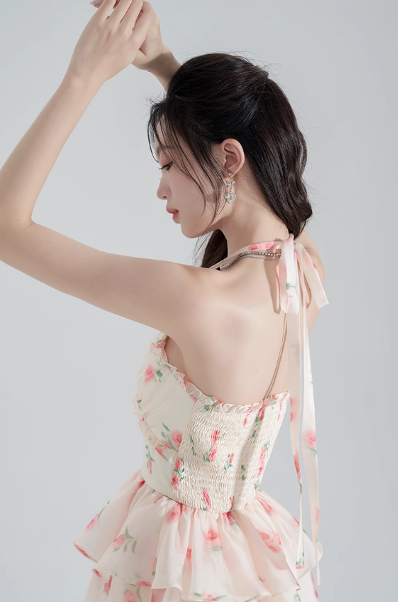 Super fairy new halter neck printed chiffon dress pure summer girl cake skirt fairy skirt female R4112