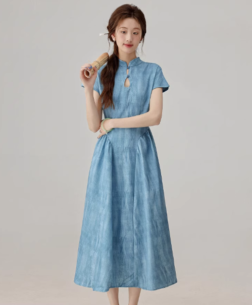 2025 summer new Chinese style blue dress this year popular cheongsam skirt R1913