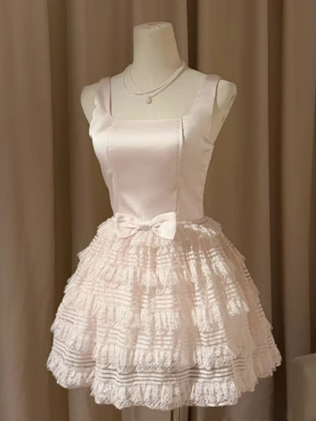 Elegant White/Pink Homecoming Dress A-Line Square Corset Mini Prom Dress RS741