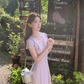 Purple V-neck short-sleeved lace waist dress summer French retro temperament A-line skirt R4582