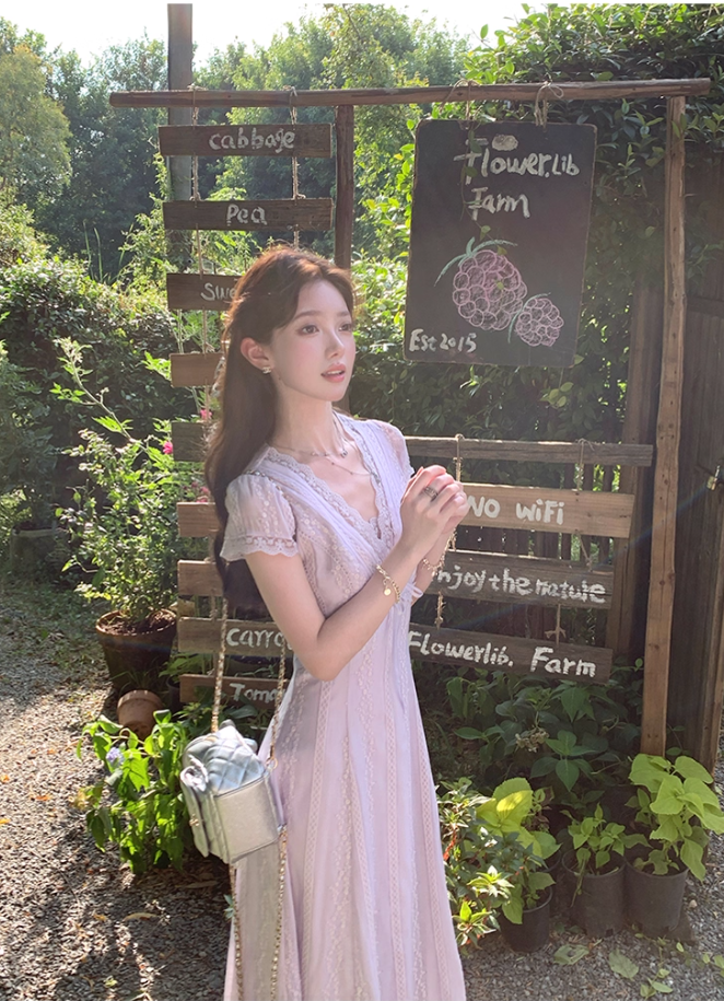 Purple V-neck short-sleeved lace waist dress summer French retro temperament A-line skirt R4582