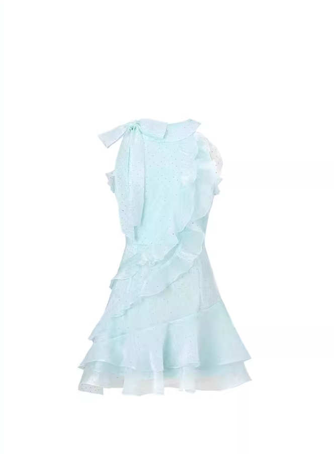 Summer refreshing romantic ruffled rhinestone halter dress R3341