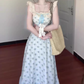 Blue floral dress gentle temperament beautiful summer skirt R0762